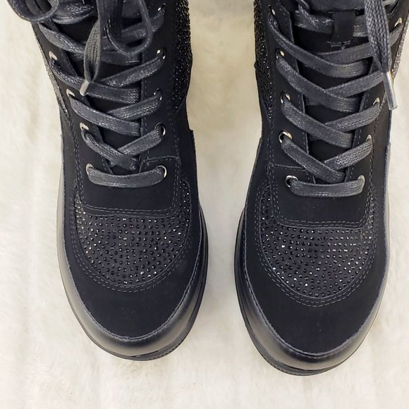 Diva Shine Black Rhinestone Platform Combat Ankle Boots - Picture 9 of 12